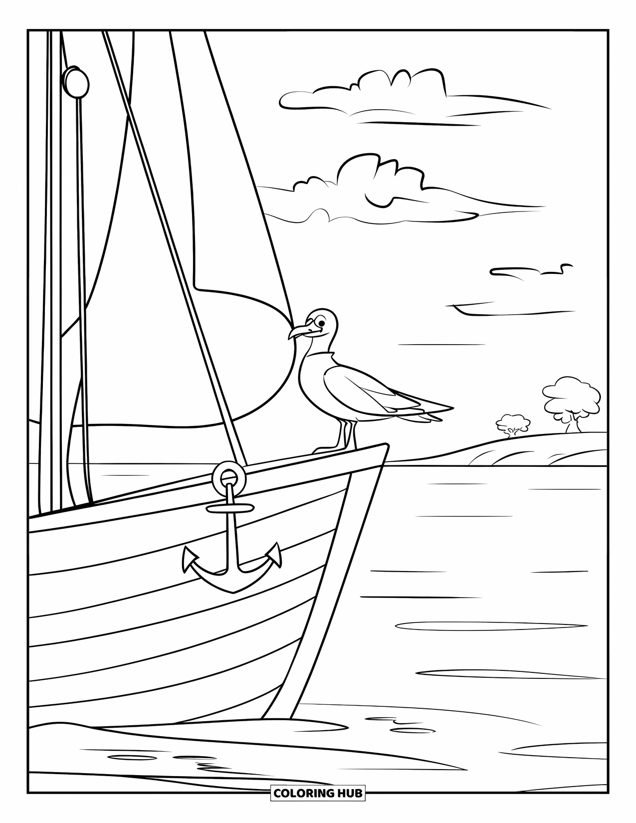 Desenho de Barco para Colorir para Crianças: Um pacífico veleiro de madeira com uma pequena âncora flutua perto de um horizonte calmo sob um céu nublado