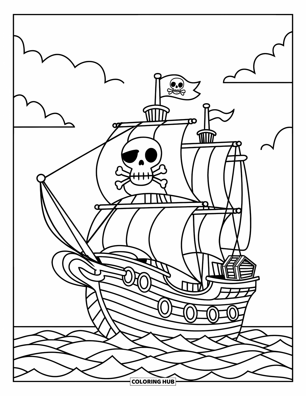 Desenho de Barco para Colorir para Crianças: Um navio pirata com tesouro, velas imponentes e ondas espirrando contra seu casco