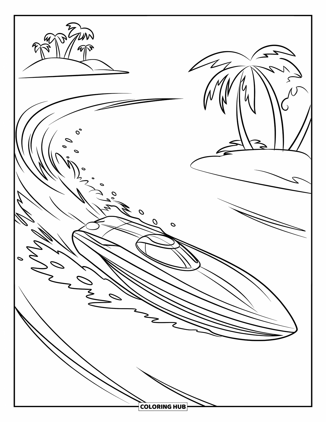 Desenho de Barco para Colorir para Crianças: Uma lancha potente acelera em águas abertas, enviando ondas e spray voando