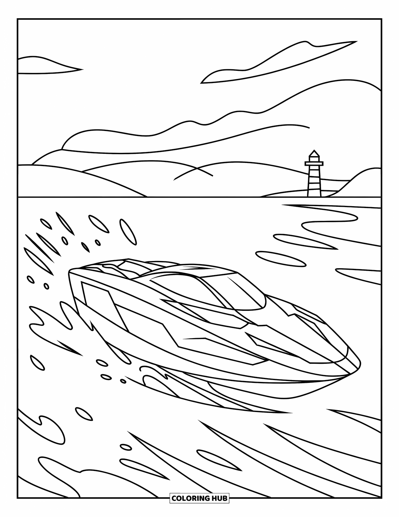 Desenho de Barco para Colorir para Crianças: Uma lancha de corrida acelera pela água, com ondas espirrando em seu rastro