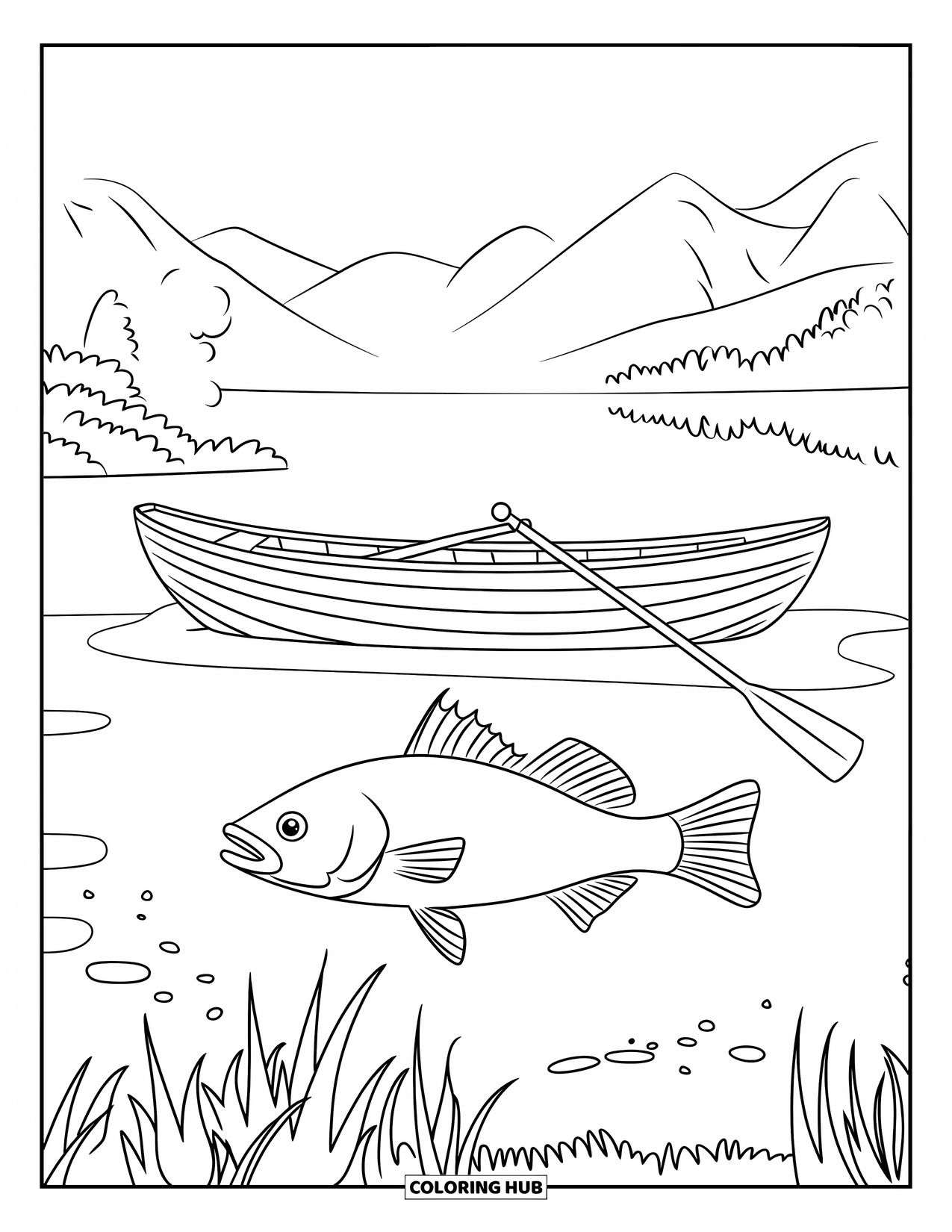 Desenho de Barco para Colorir para Crianças: Um barco a remo com dois remos flutua pacificamente, com um grande peixe nadando abaixo