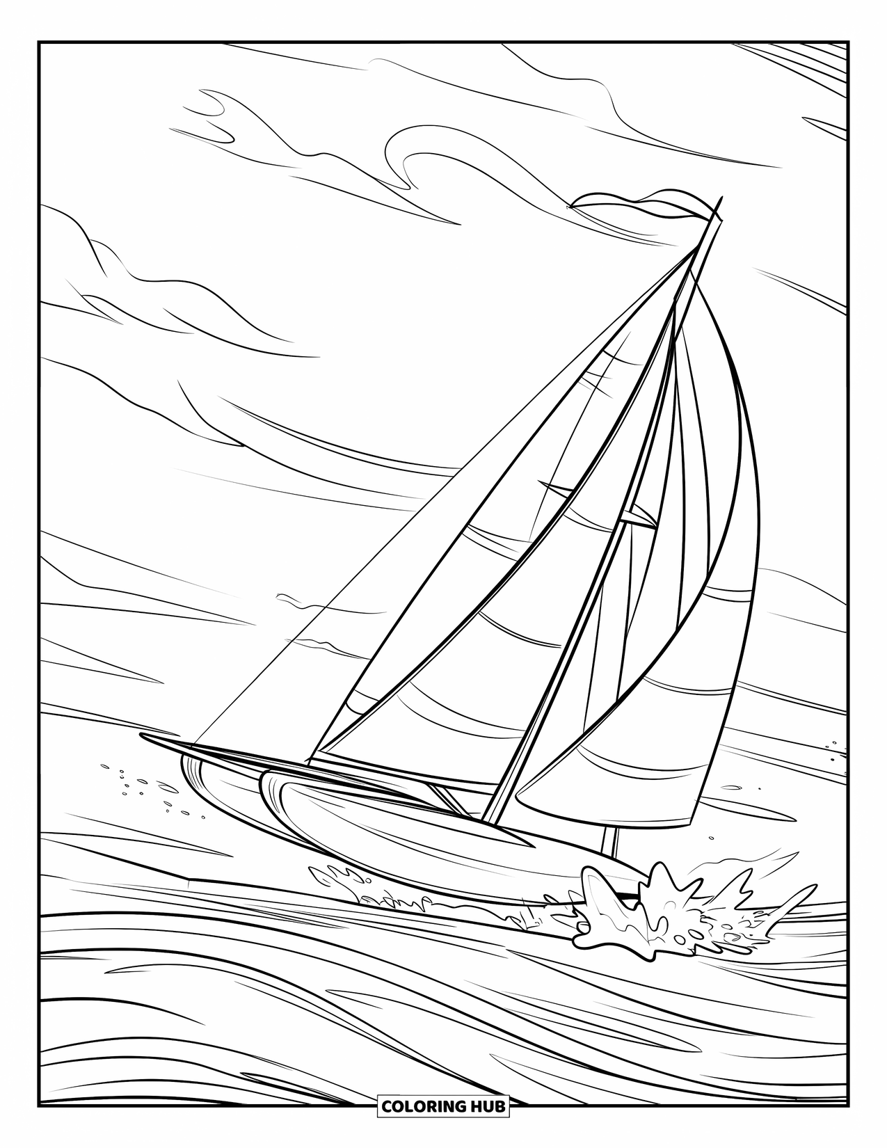 Desenho de Barco para Colorir para Crianças: Um veleiro se inclina contra ventos fortes, com suas velas esticadas enquanto as ondas quebram ao seu redor