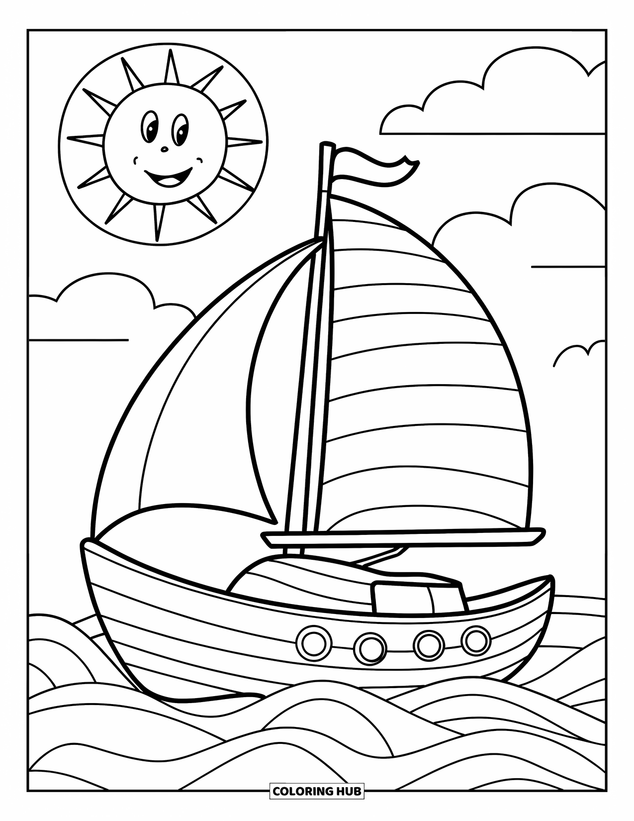 Desenho de Barco para Colorir para Crianças: Um veleiro simples com uma bandeira acenando flutua na água, com um sol sorrindo ao fundo
