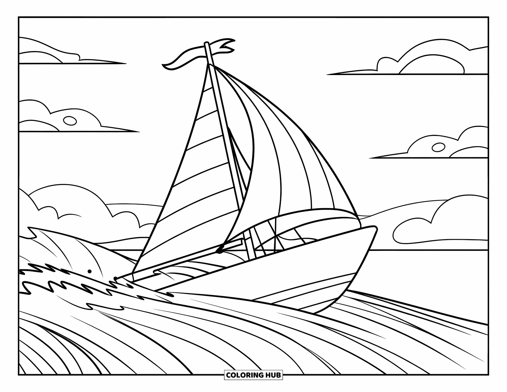 Desenho de Barco para Colorir para Crianças: Um iate simples com uma vela listrada se move através de ondas ondulantes e um horizonte claro