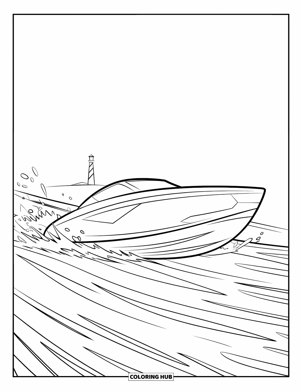 Desenho de Barco para Colorir para Crianças: Uma lancha elegante correndo sobre água ondulada, deixando respingos para trás