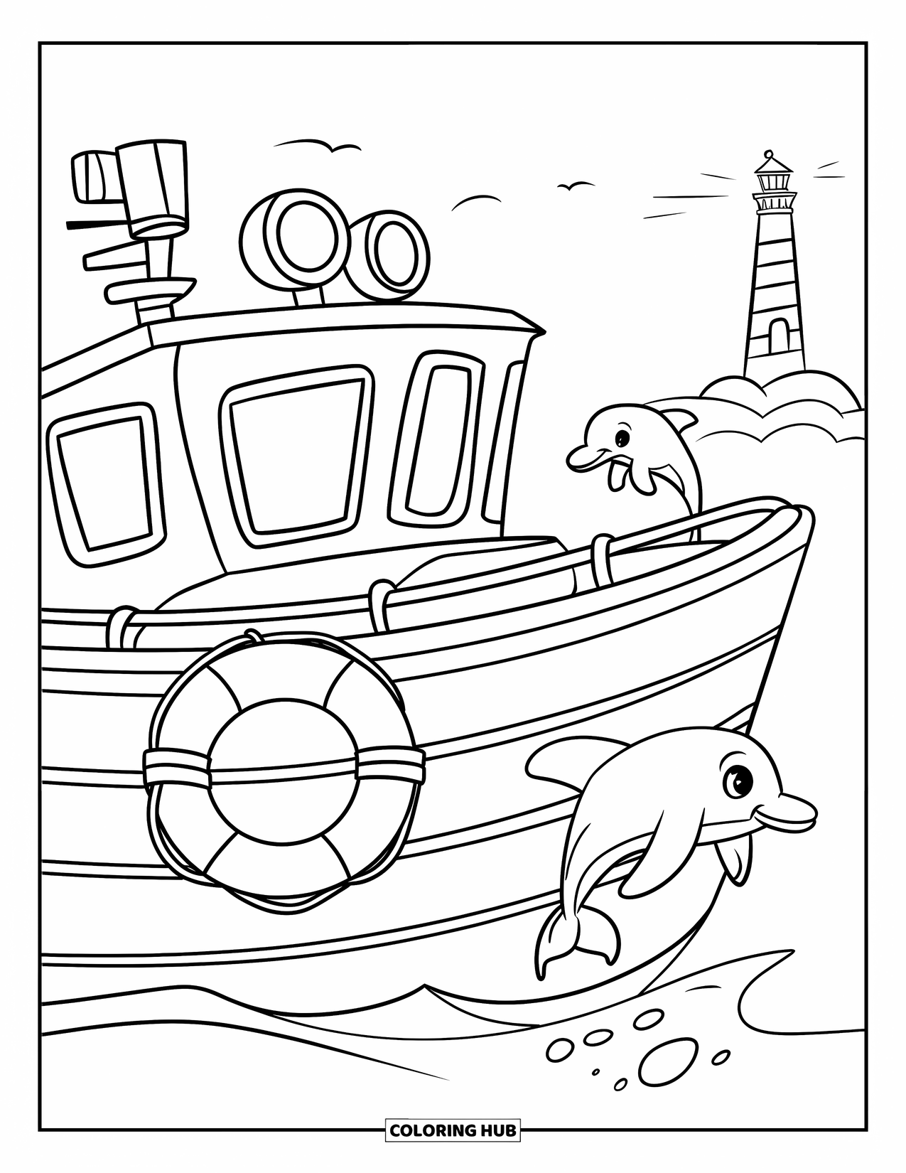 Desenho de Barco para Colorir para Crianças: Um barco de resgate resistente com uma boia salva-vidas desliza pelo mar, com um farol no horizonte