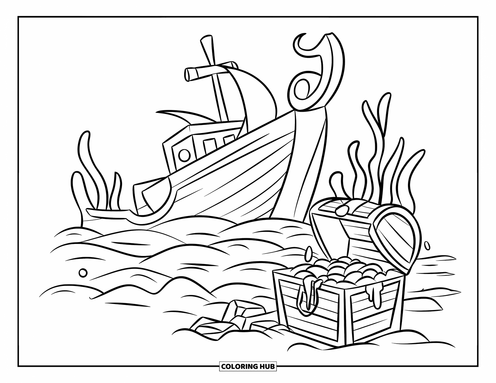 Desenho de Barco para Colorir para Crianças: Um naufrágio afundado com tábuas cobertas de algas e um baú de tesouro derramando moedas de ouro