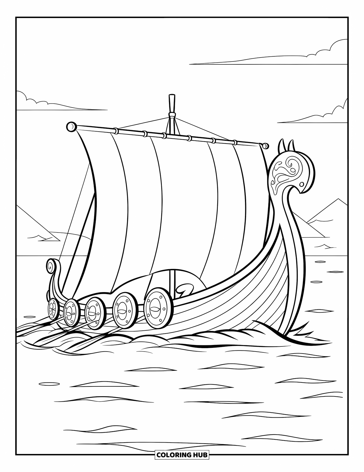 Desenho de Barco para Colorir para Crianças: Um navio longo viking com uma proa de dragão feroz, remando em águas calmas