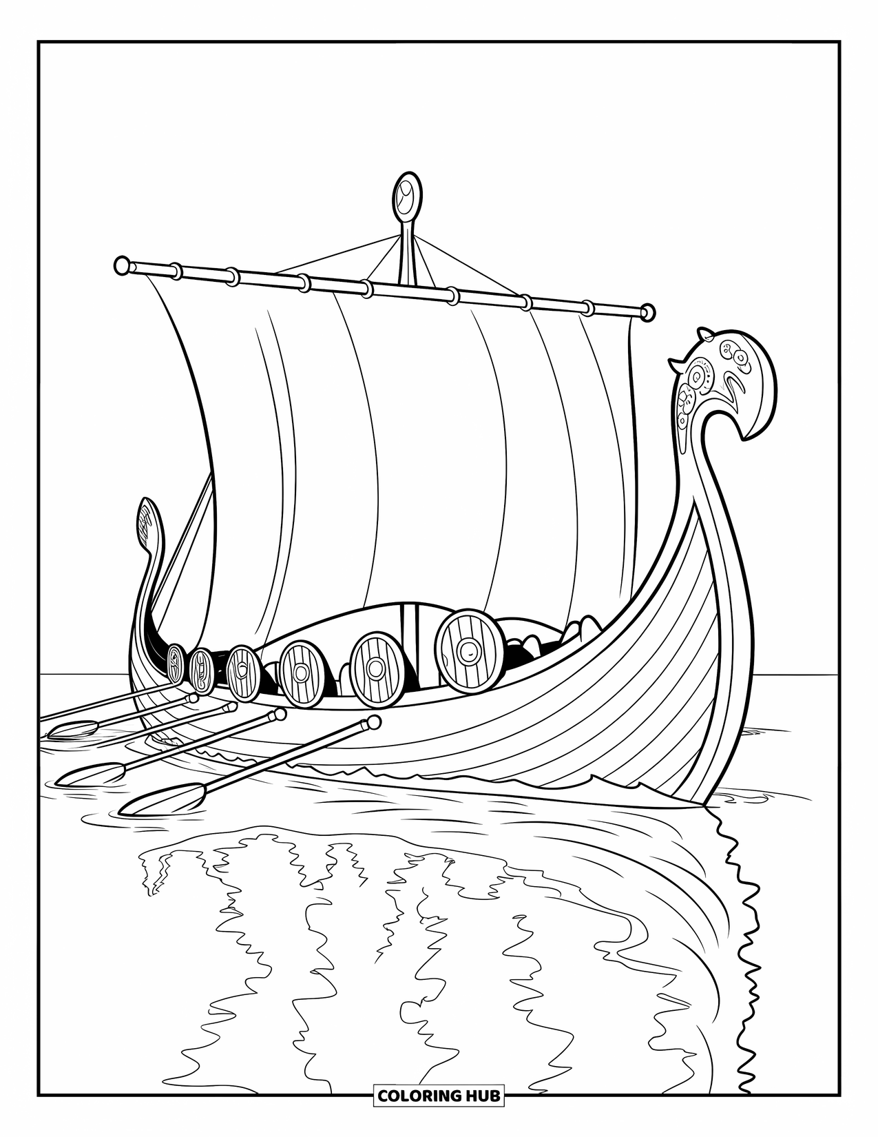 Desenho de Barco para Colorir para Crianças: Um navio longo viking com esculturas de dragões, escudos alinhados em seus lados e remos cortando o mar