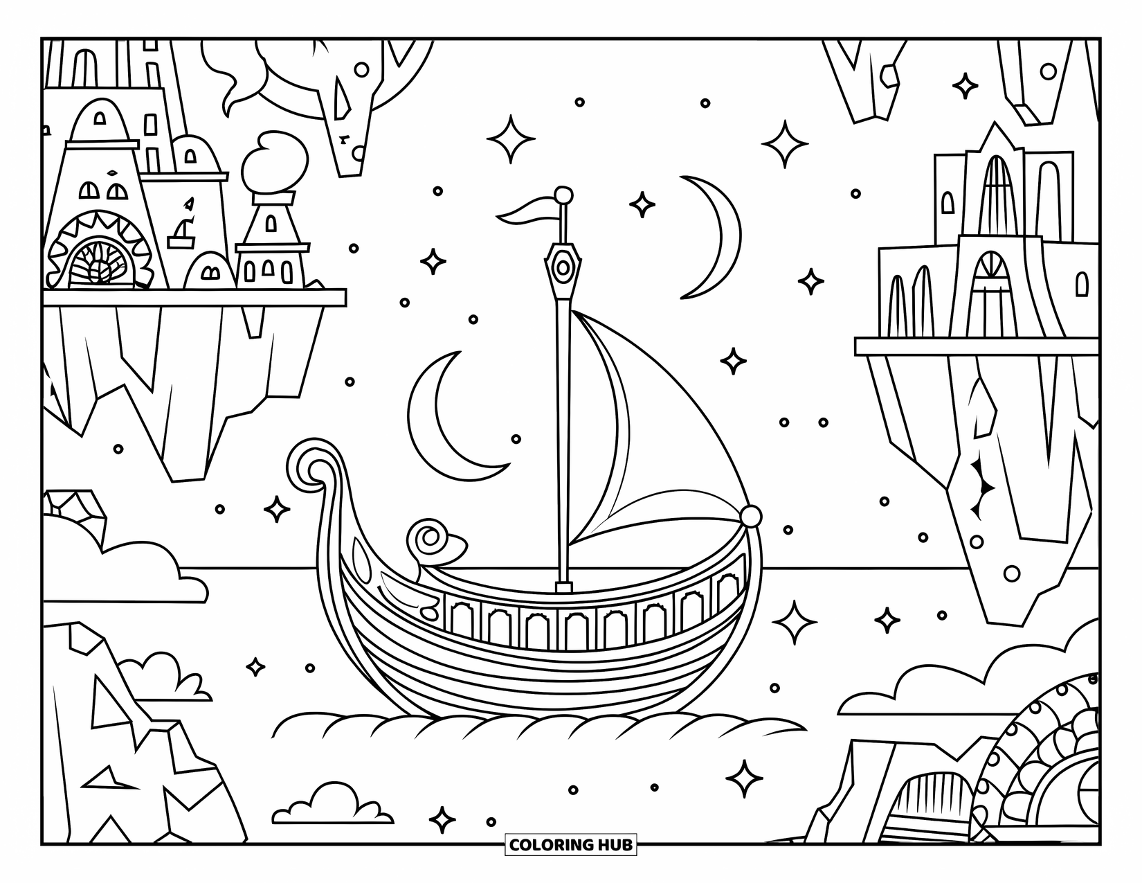 Desenho de Barco para Colorir para Crianças: Um barco extravagante com uma vela crescente flutua perto de ilhas, com estrelas cintilando acima