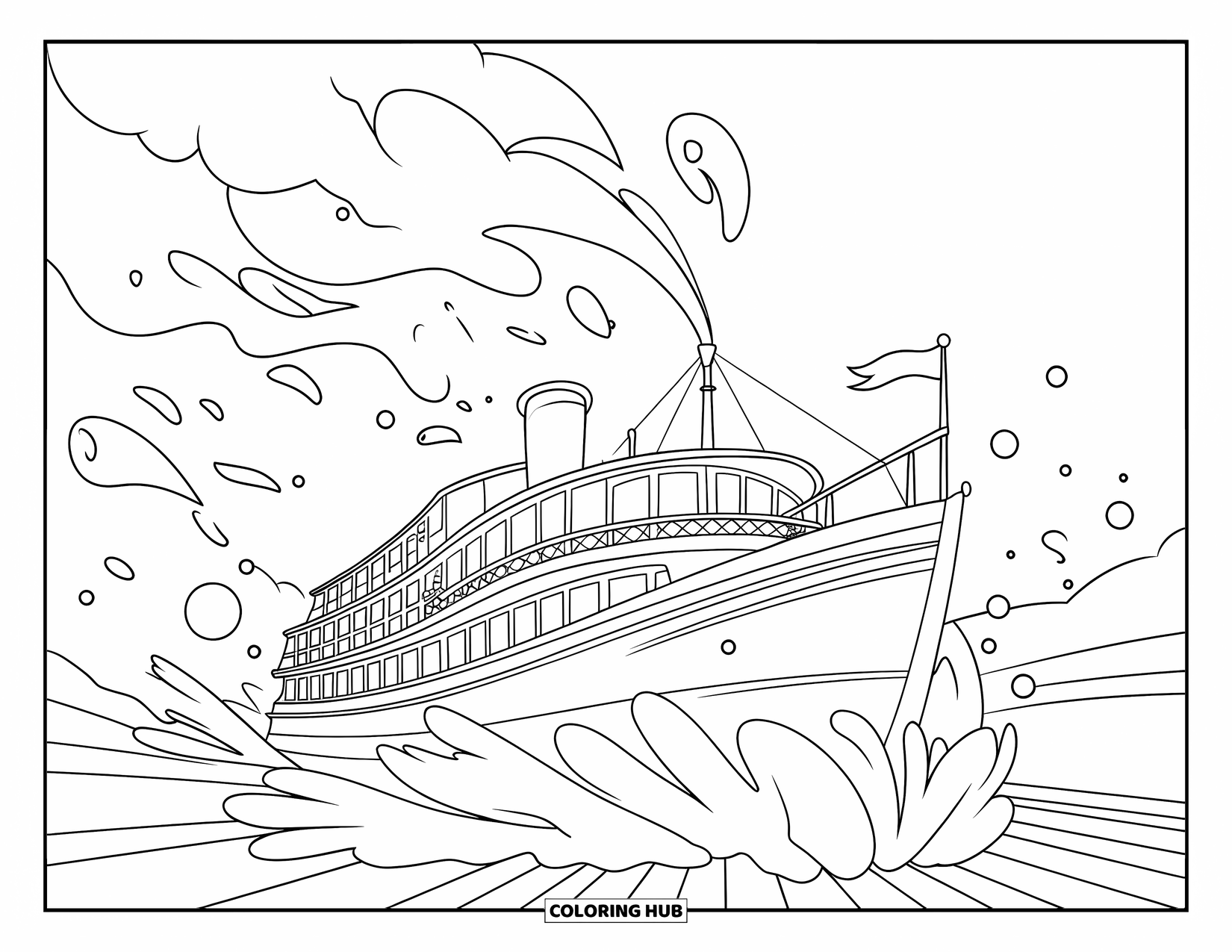 Desenho de Barco para Colorir para Crianças: Um barco a vapor extravagante solta fumaça enquanto flutua por ondas suaves