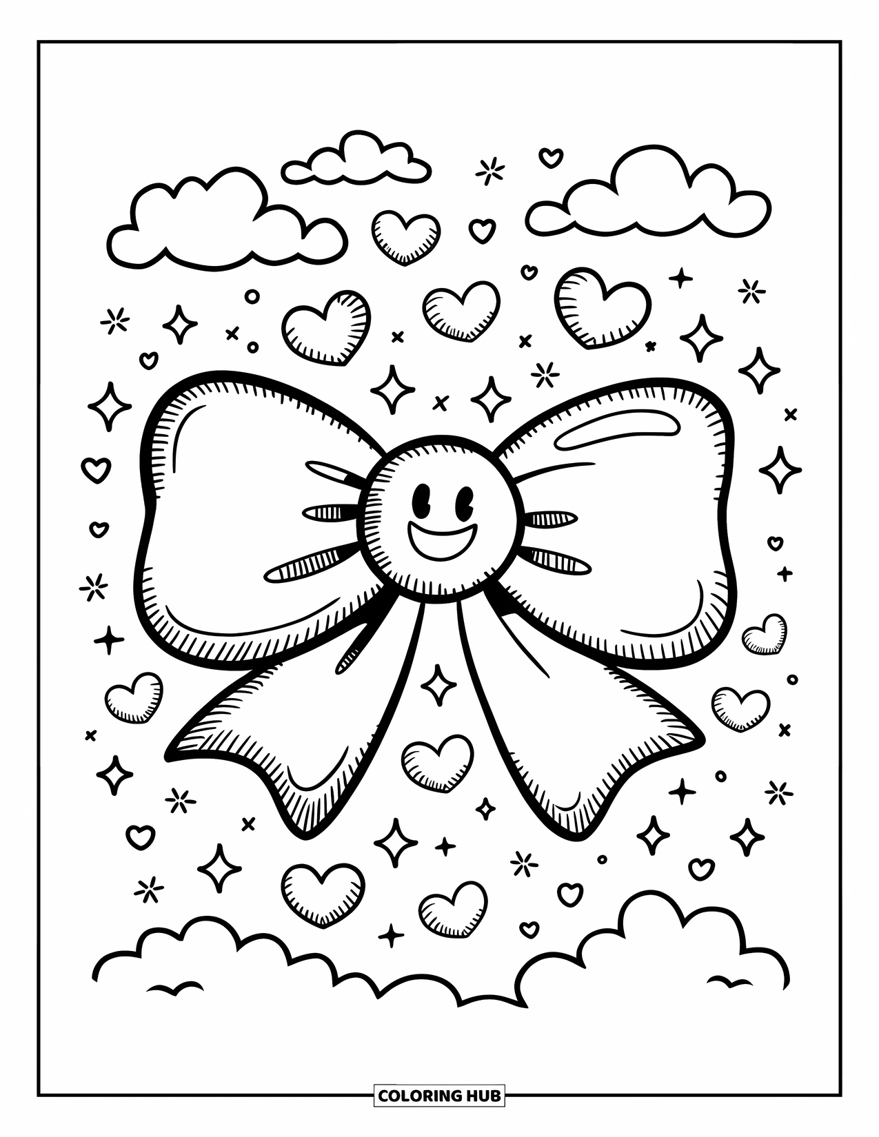 Kleurplaat Strik voor Volwassenen: Een vrolijke strik met een blij gezicht, zwevend in een dromerige lucht vol harten en glitters