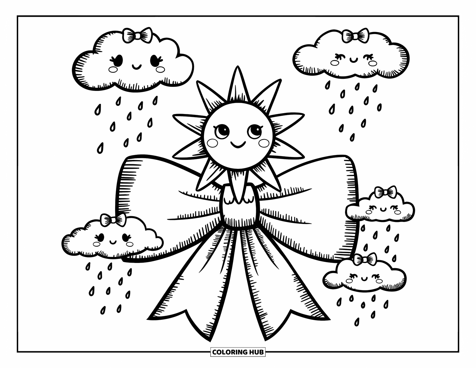 Kleurplaat Strik voor Volwassenen: Een vrolijke chibi-zon zittend op een strik, met zachte wolken en vallende hartvormige regendruppels