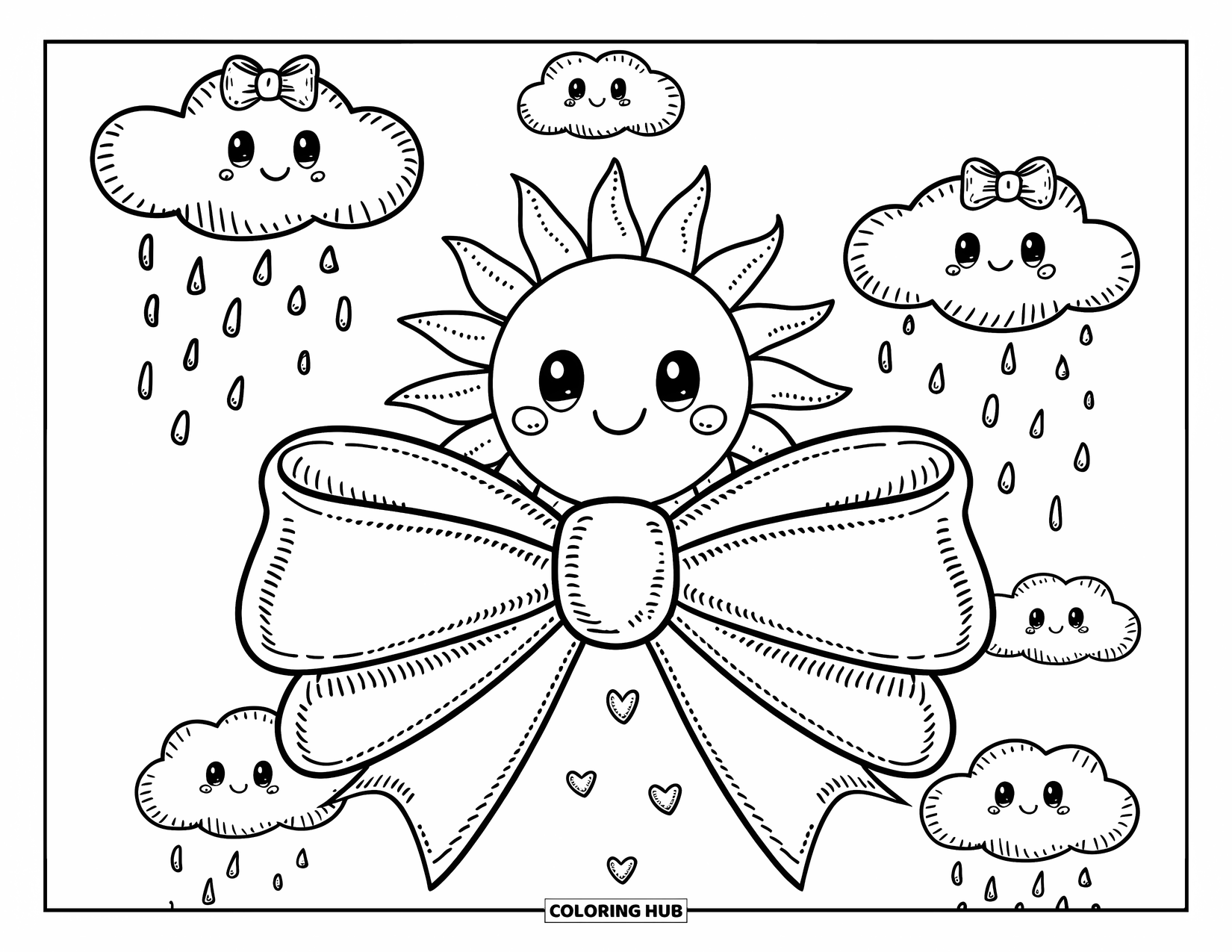 Kleurplaat Strik voor Volwassenen: Een zon in chibi-stijl zittend op een grote decoratieve strik, omringd door zachte wolken en hartvormige regendruppels