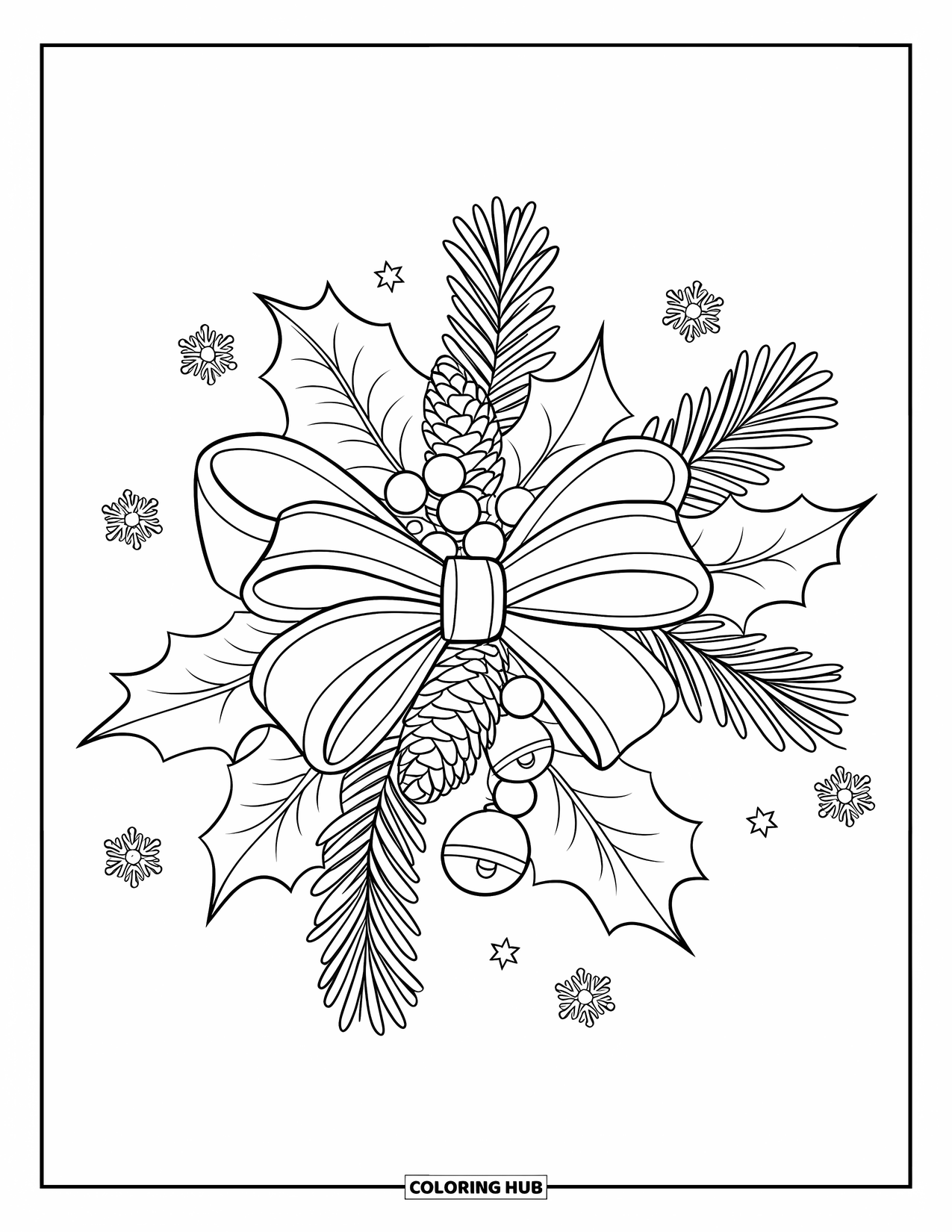 Kleurplaat Strik voor Volwassenen: Een kerststrik met hulstbladeren, dennenappels en rinkelde bellen, versierd met sneeuwvlokdetails