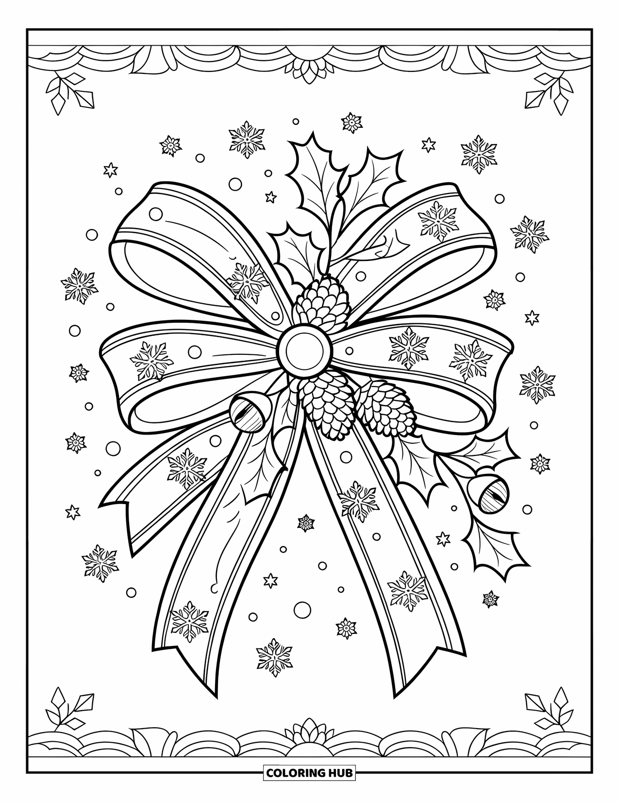 Kleurplaat Strik voor Volwassenen: Een kerststrik met ingewikkelde patronen, omringd door seizoensgebonden decoraties en feestelijke elementen