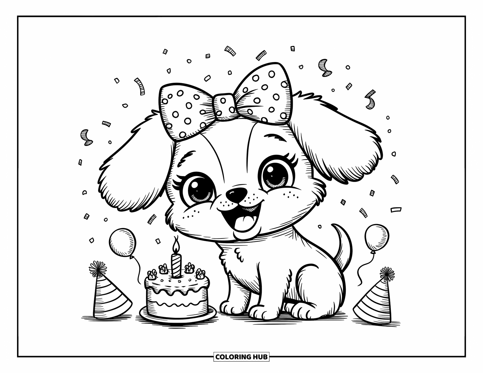 Kleurplaat Strik voor Volwassenen: Een schattige puppy met een feestelijke strik, enthousiast zittend naast een taart, ballonnen en confetti