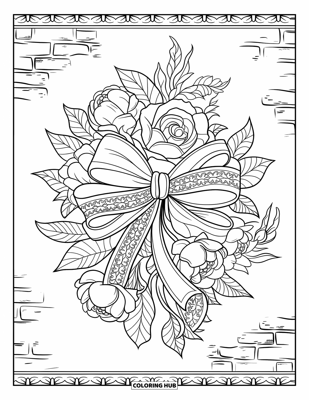 Kleurplaat Strik voor Volwassenen: Een decoratieve strik verweven met bloeiende rozen, pioenrozen en delicate bladeren