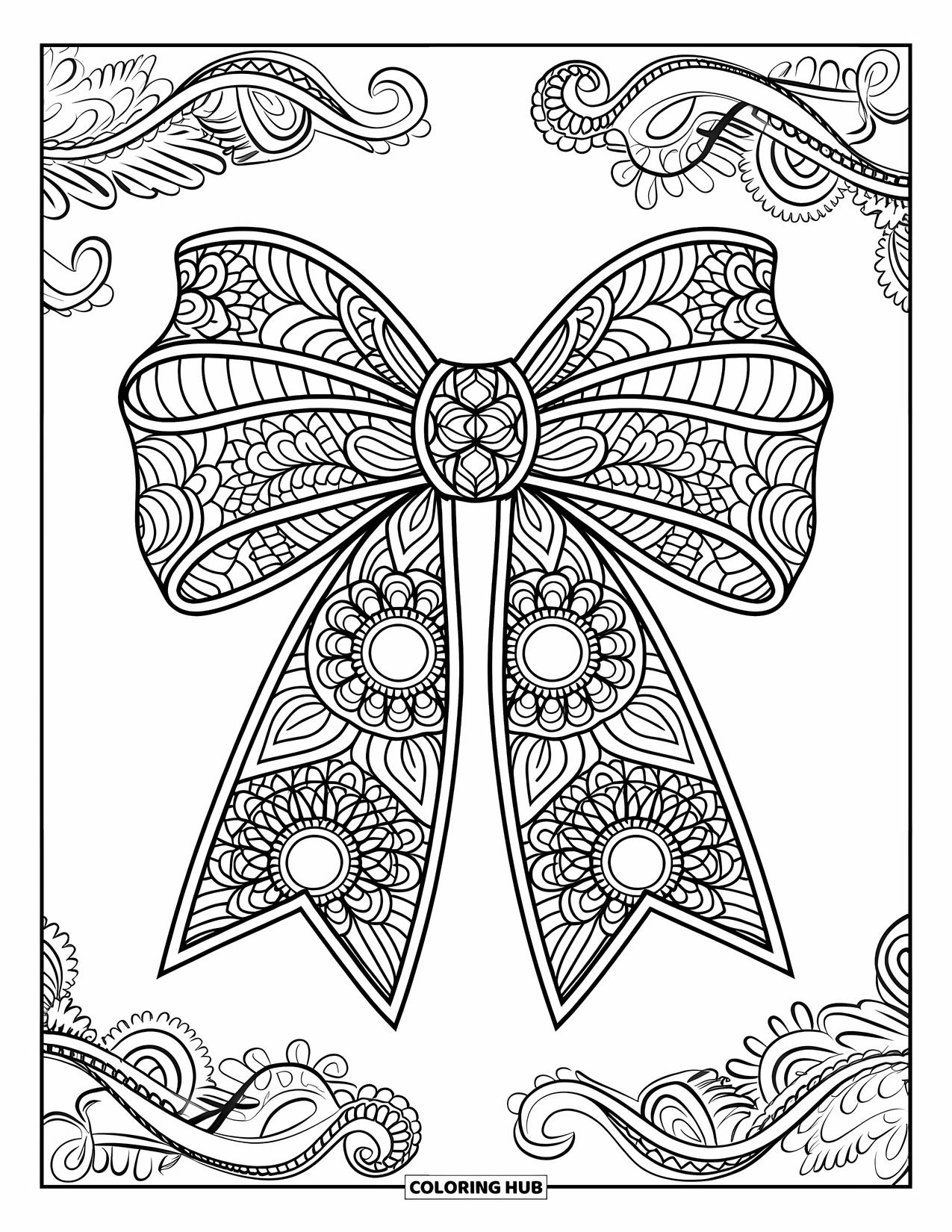 Kleurplaat Strik voor Volwassenen: Een decoratieve strik met mandala- en paisley-elementen, waardoor een ingewikkeld en elegant ontwerp ontstaat