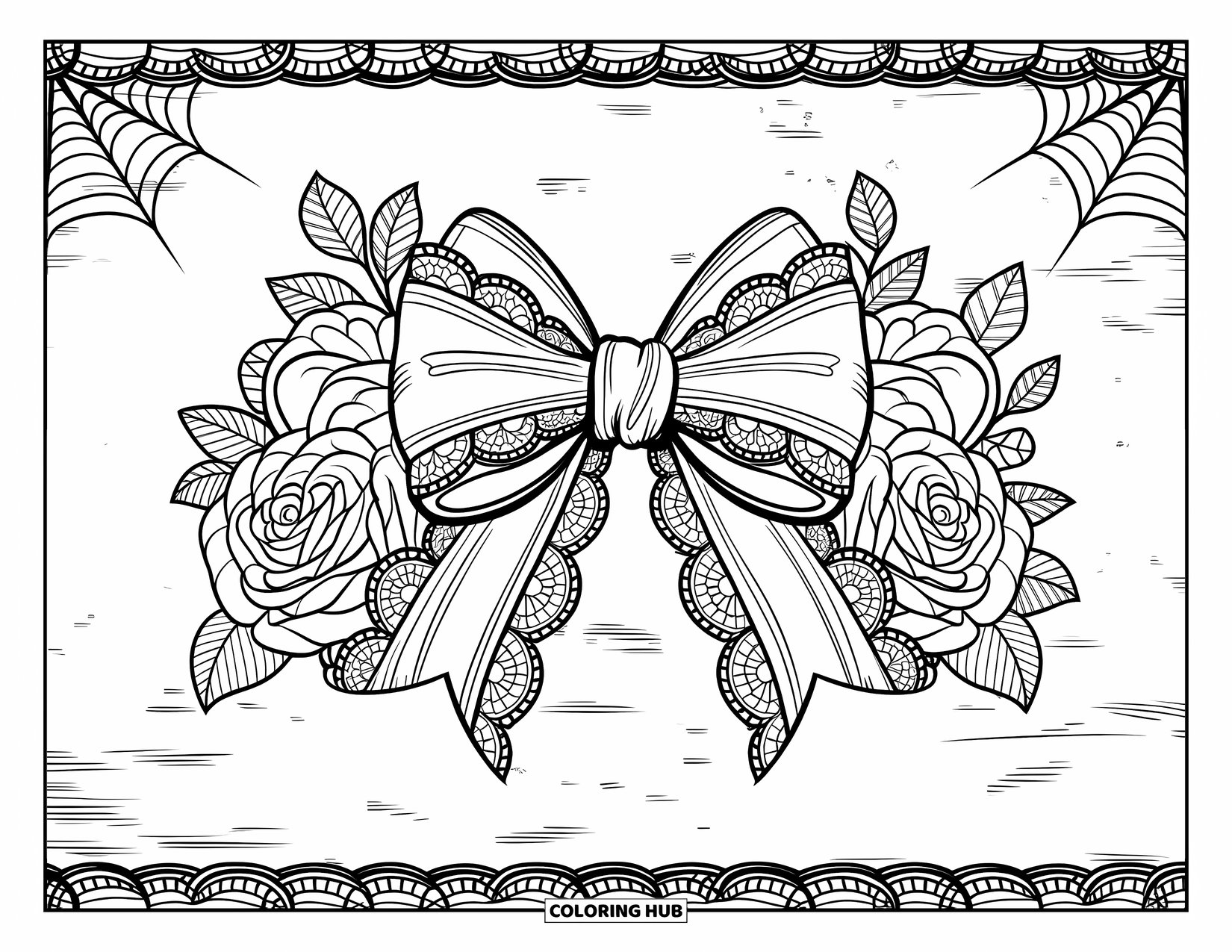 Kleurplaat Strik voor Volwassenen: Een dramatische kanten strik omringd door gotische rozen en delicate spinnenwebben