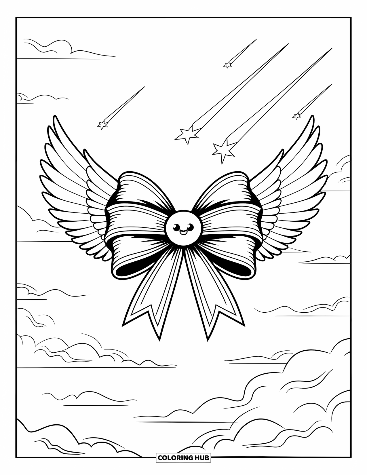 Kleurplaat Strik voor Volwassenen: Een dromerige strik met engelenvleugels en bungelende bedels, zwevend tussen zachte wolken en sterren