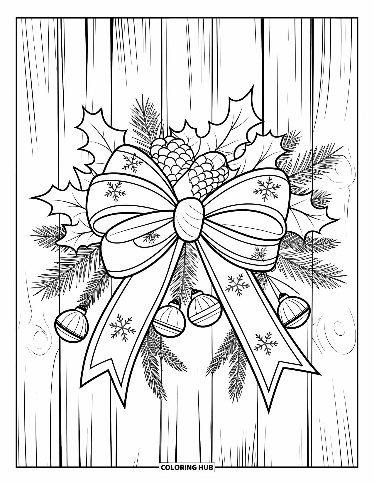 Kleurplaat Strik voor Volwassenen: Een feestelijke vakantiestrik versierd met hulst, dennenappels en bellen, rustend op een houten oppervlak