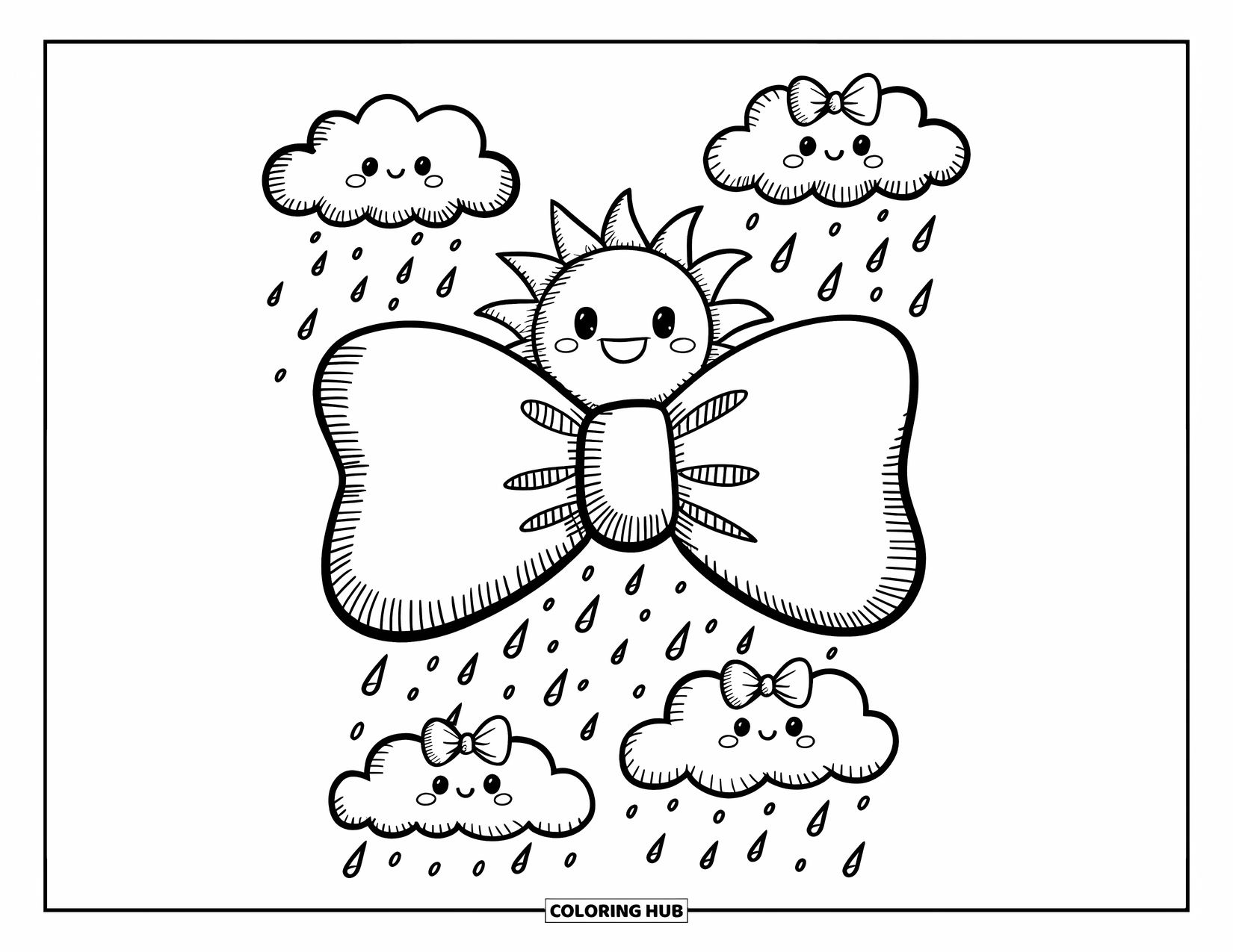 Kleurplaat Strik voor Volwassenen: Een blije zon zittend bovenop een strik, zwevend tussen wolken en kleine hartvormige regendruppels