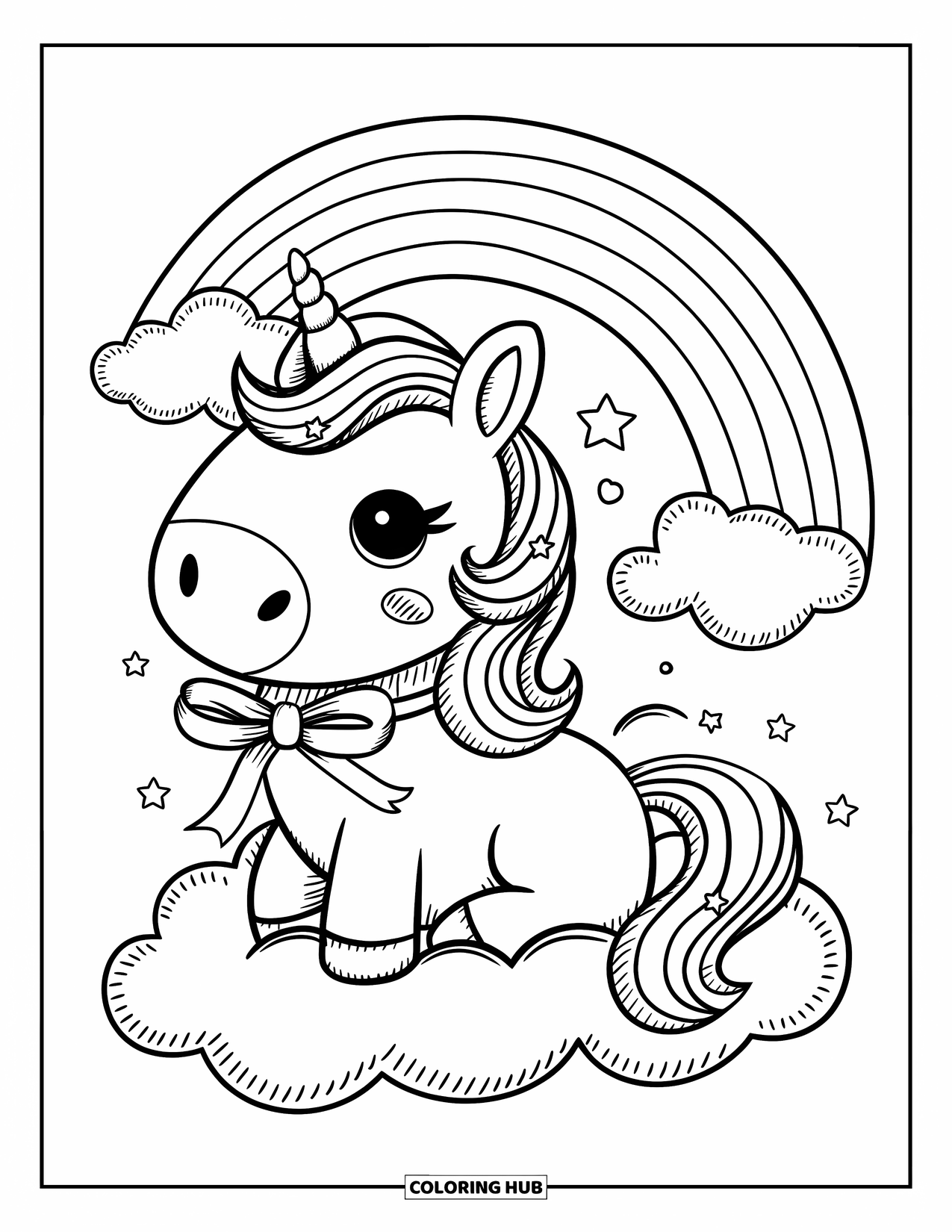 Kleurplaat Strik voor Volwassenen: Een blije eenhoorn rustend op een zachte wolk, met een sterrenstaart en een zachte lintstrik