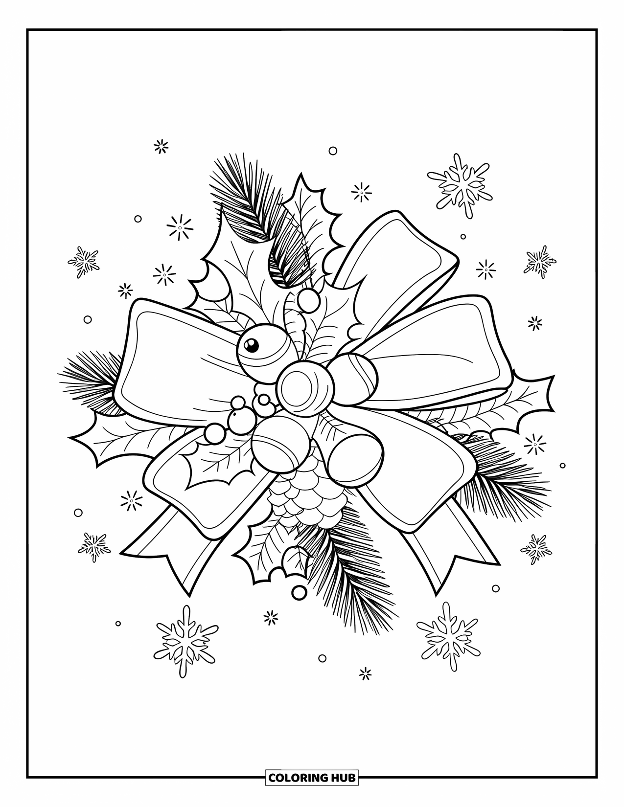 Kleurplaat Strik voor Volwassenen: Een vakantie-thema strik met hulst, dennenappels en bellen, ontworpen met strakke, gedurfde contouren