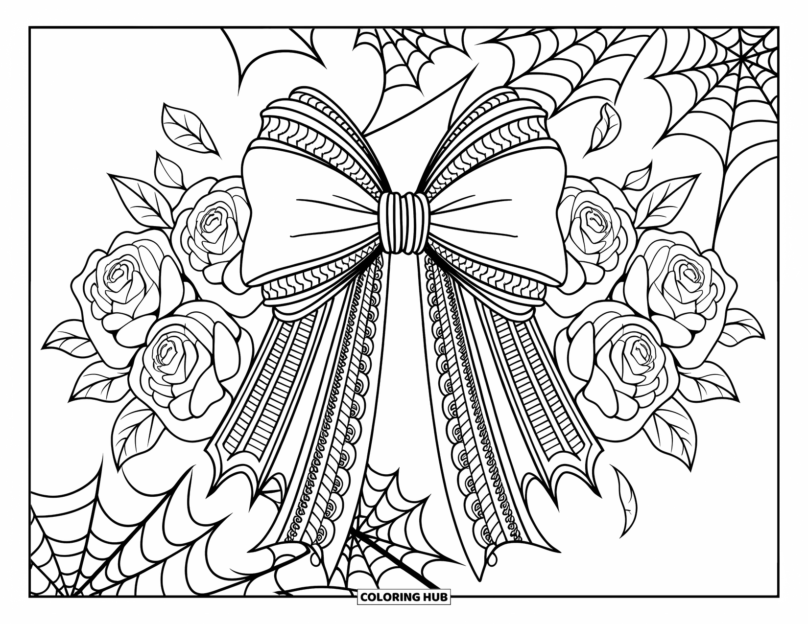 Kleurplaat Strik voor Volwassenen: Een met kant versierde strik met gotische rozen en spinnenwebben, ontworpen voor een creatieve kleurervaring