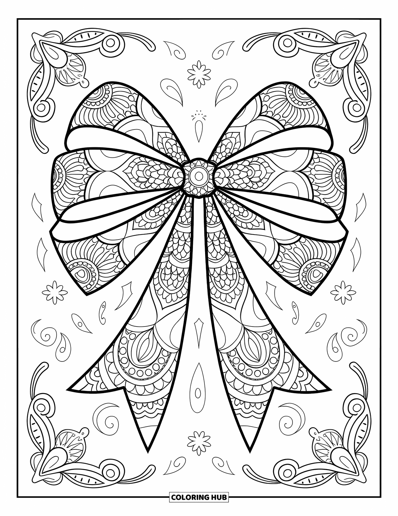 Kleurplaat Strik voor Volwassenen: Een mandala-geïnspireerde strik met ingewikkelde symmetrische details en decoratieve accenten