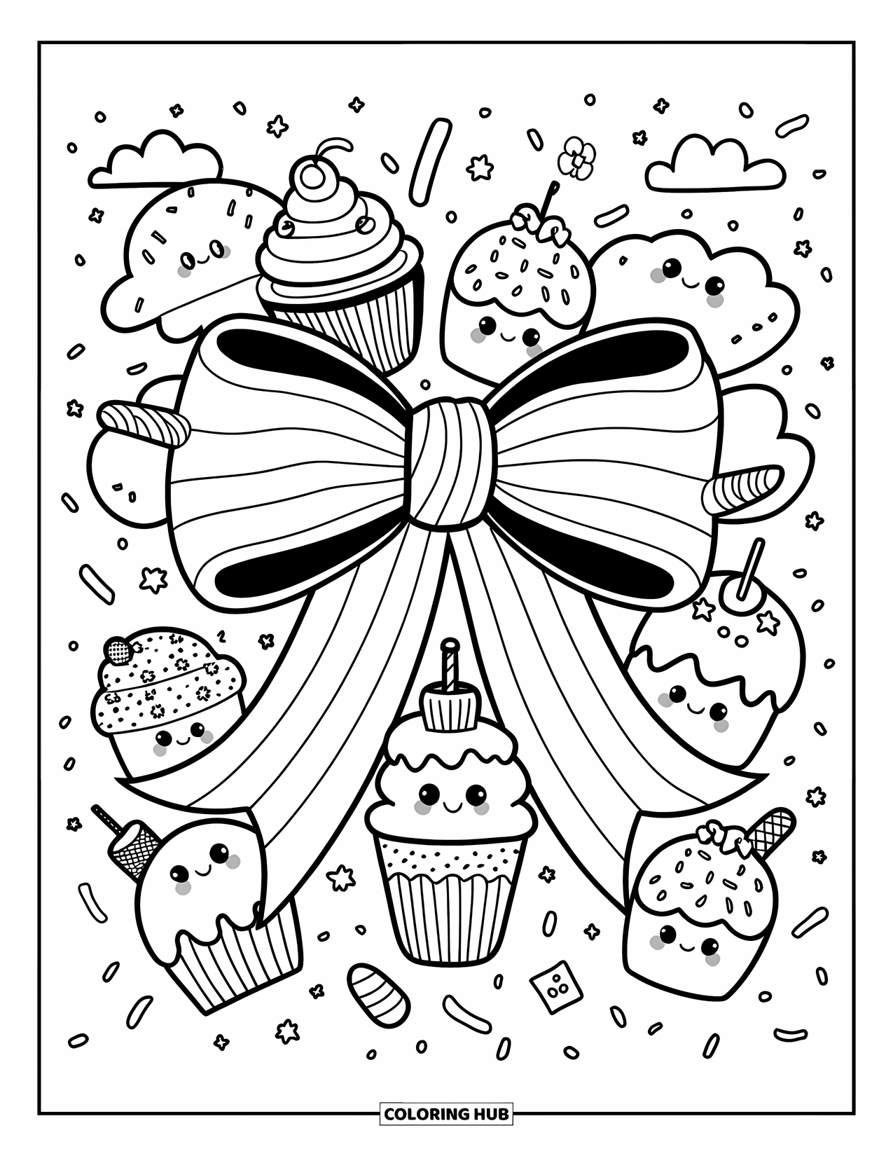 Kleurplaat Strik voor Volwassenen: Een speelse strik zwevend tussen schattige desserts, met spikkels, confetti en sprankelende wolken