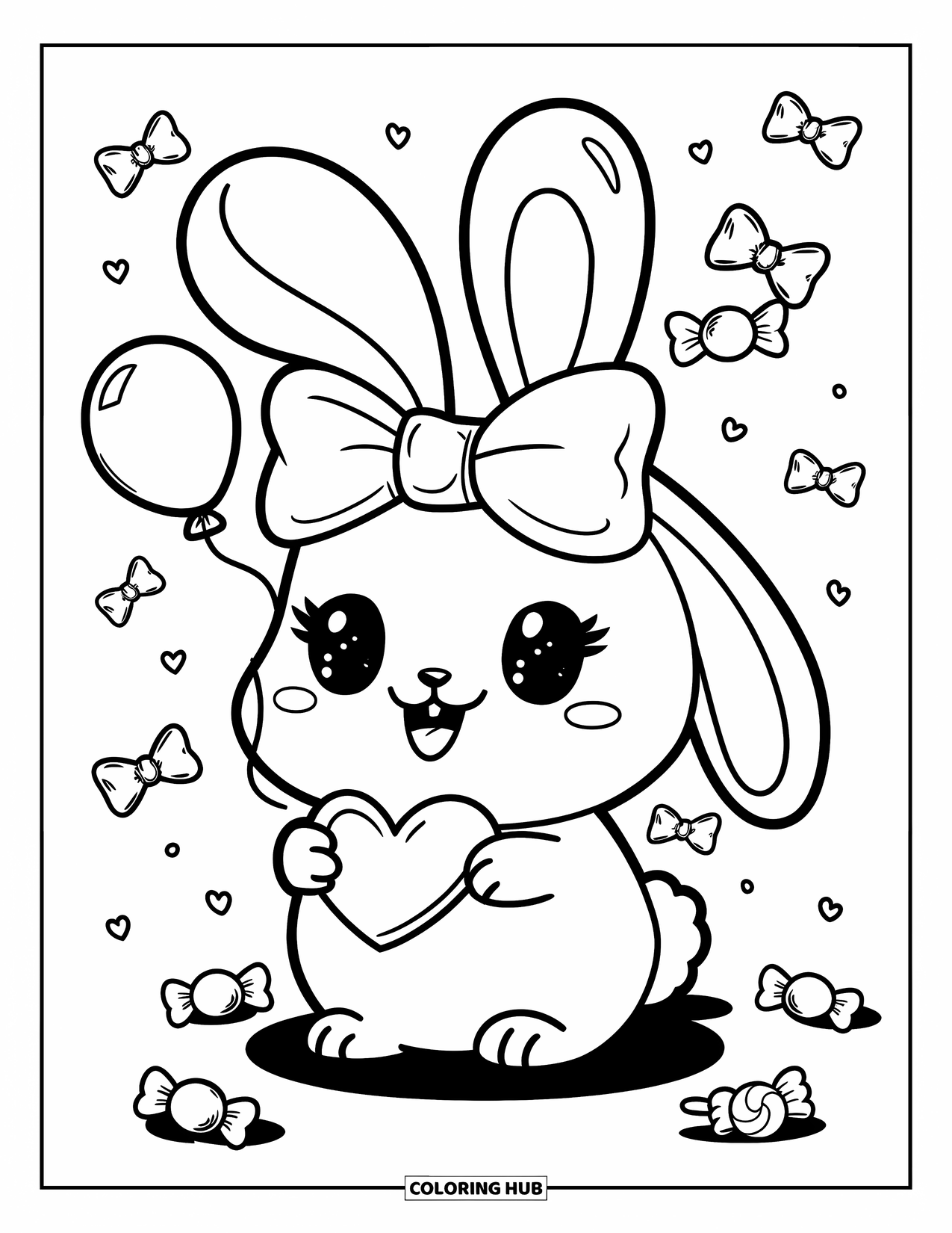 Kleurplaat Strik voor Volwassenen: Een speels konijntje met een zachte strik, een hartballon vasthoudend en omringd door snoepjes