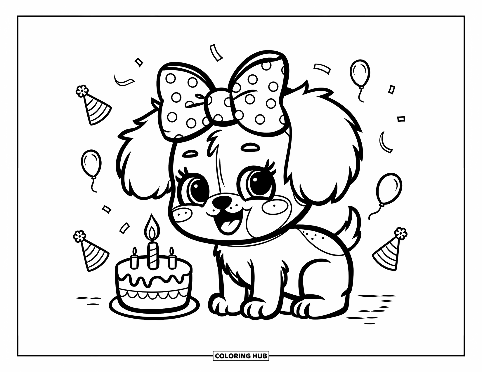 Kleurplaat Strik voor Volwassenen: Een speelse puppy in een feestscène, een grote strik dragend en omringd door verjaardagsversieringen