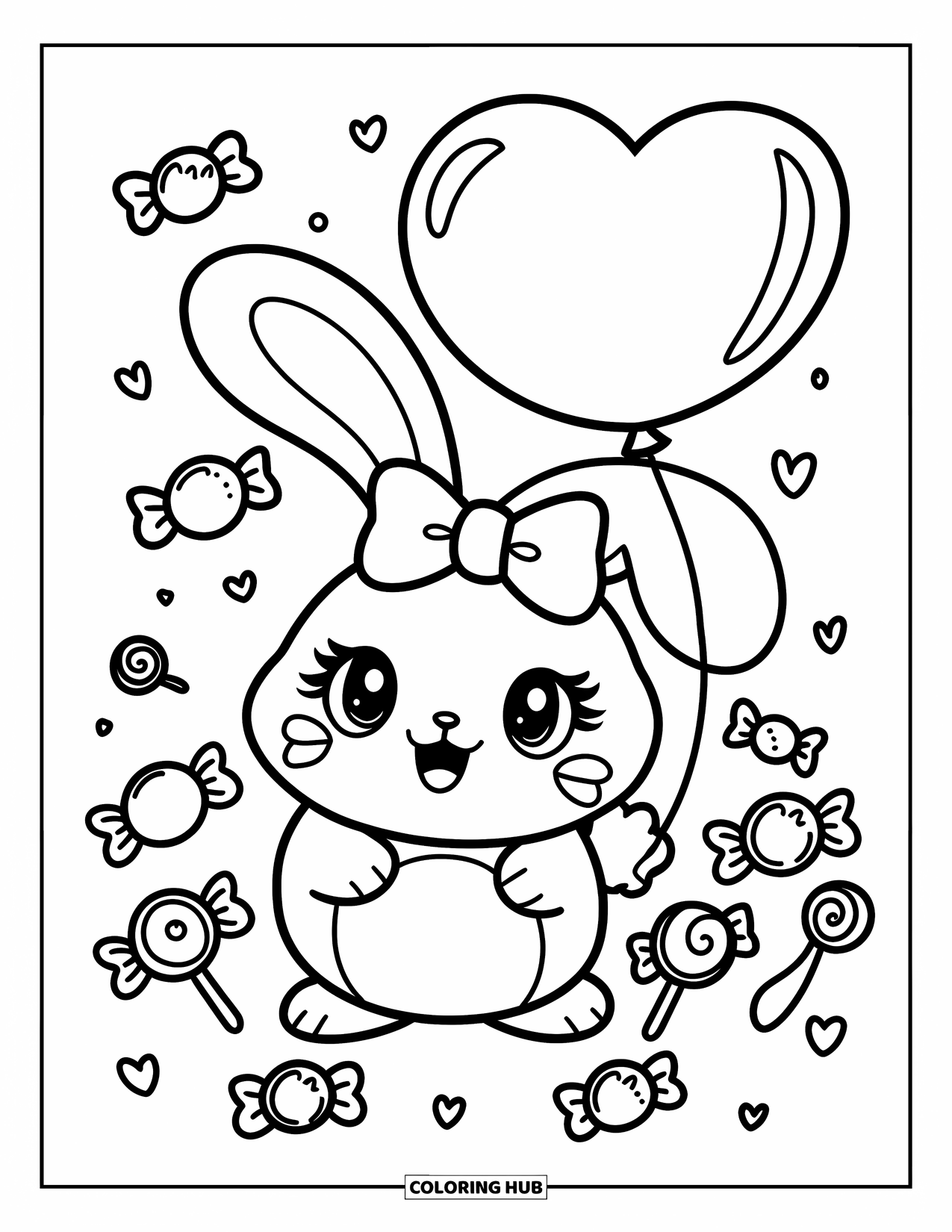 Kleurplaat Strik voor Volwassenen: Een rond, mollig konijntje met een grote strik, zwevend met kleine strikken, snoepjes en lolly's