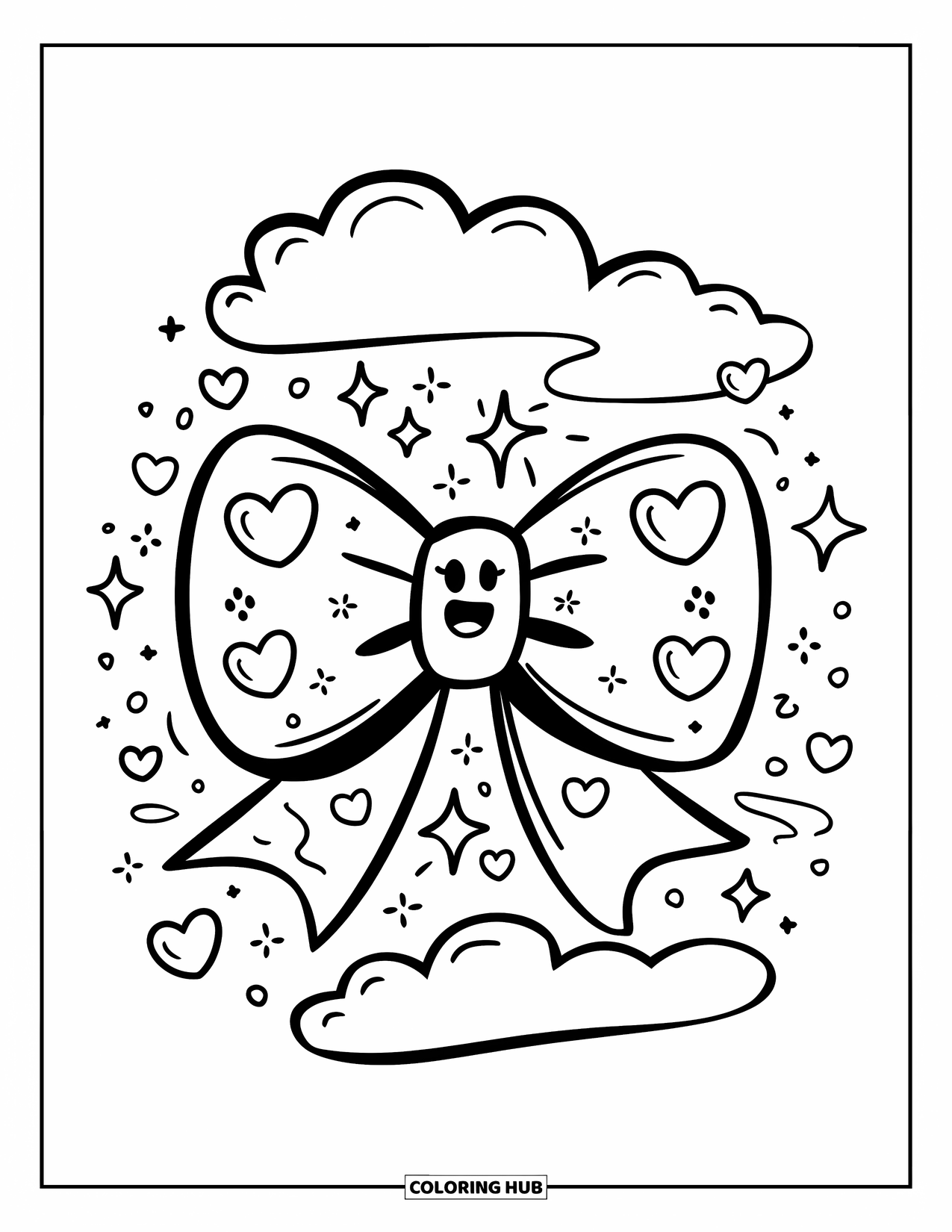 Kleurplaat Strik voor Volwassenen: Een lachende strik met zwevende harten en fonkelende sterren, omringd door glitters en wolken