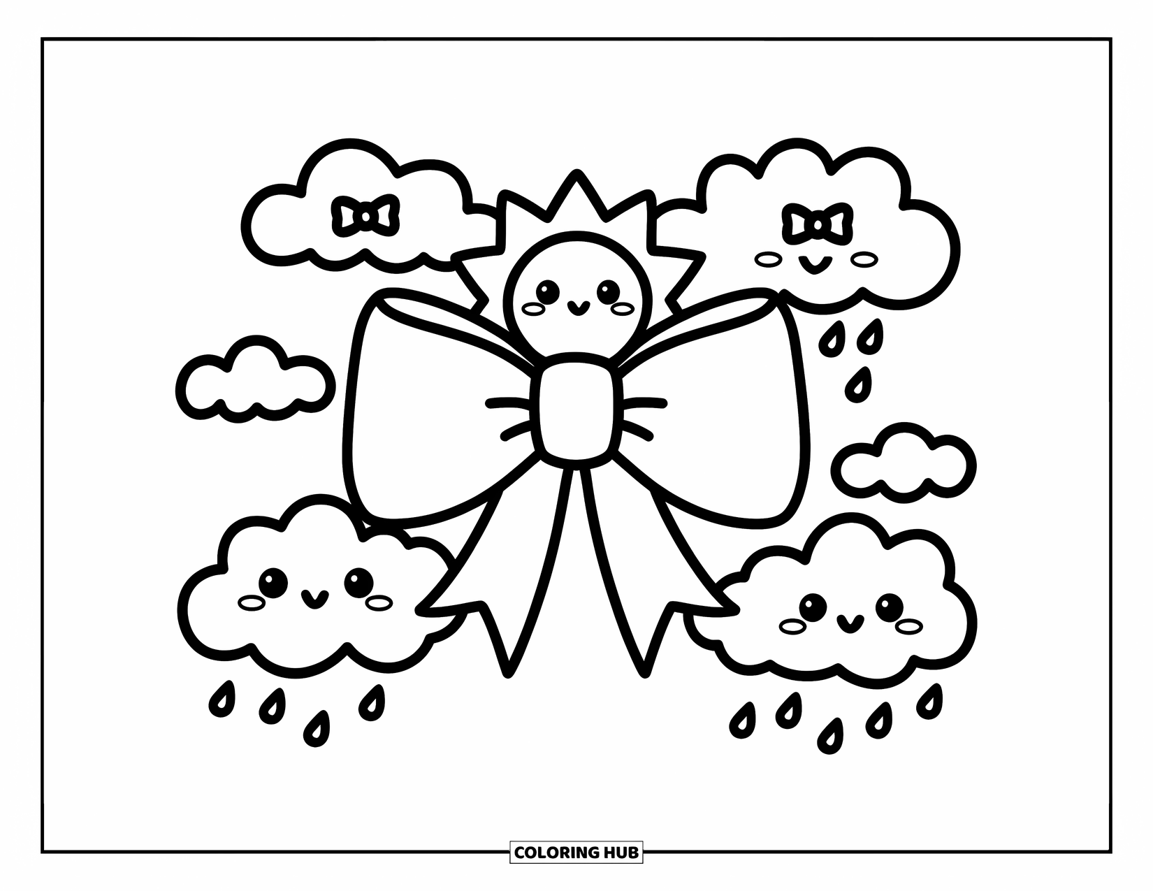 Kleurplaat Strik voor Volwassenen: Een lachende zon rustend op een strik, met schattige wolken die kleine strikken dragen en hartvormige regendruppels
