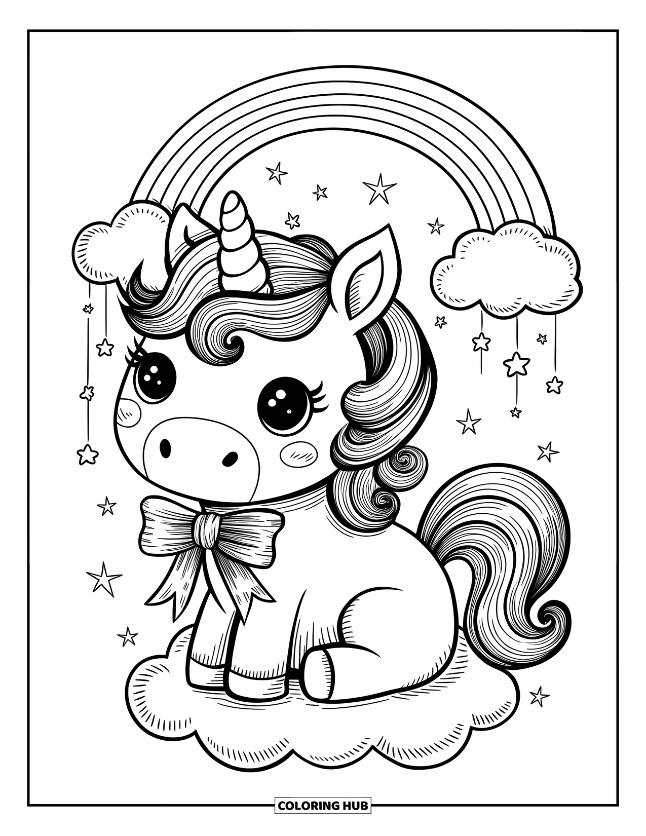 Kleurplaat Strik voor Volwassenen: Een kleine eenhoorn met een krullende manen, een strik dragend en omringd door sterren en een regenboog