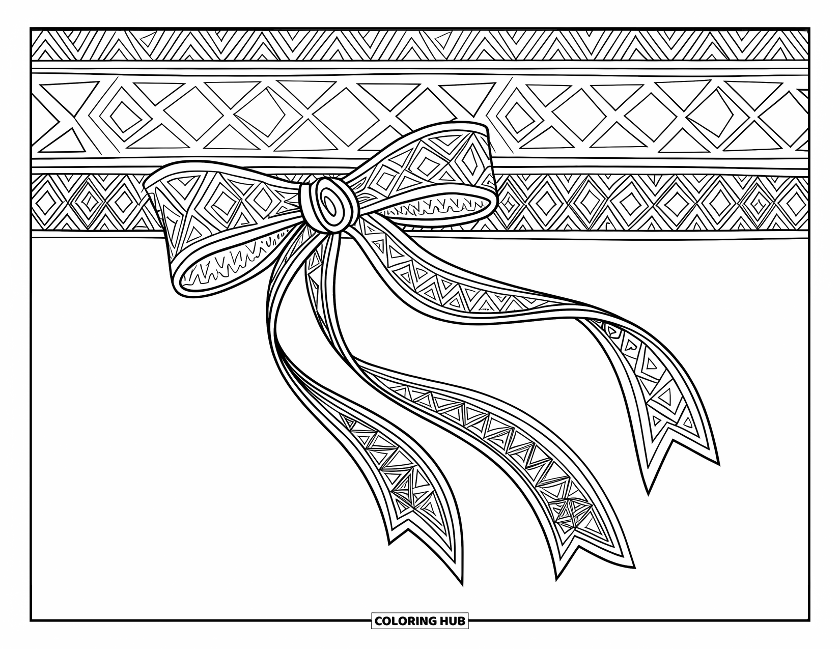 Kleurplaat Strik voor Volwassenen: Een strik met tribale patronen en vloeiende linten, geplaatst tegen een achtergrond vol bijpassende ontwerpen