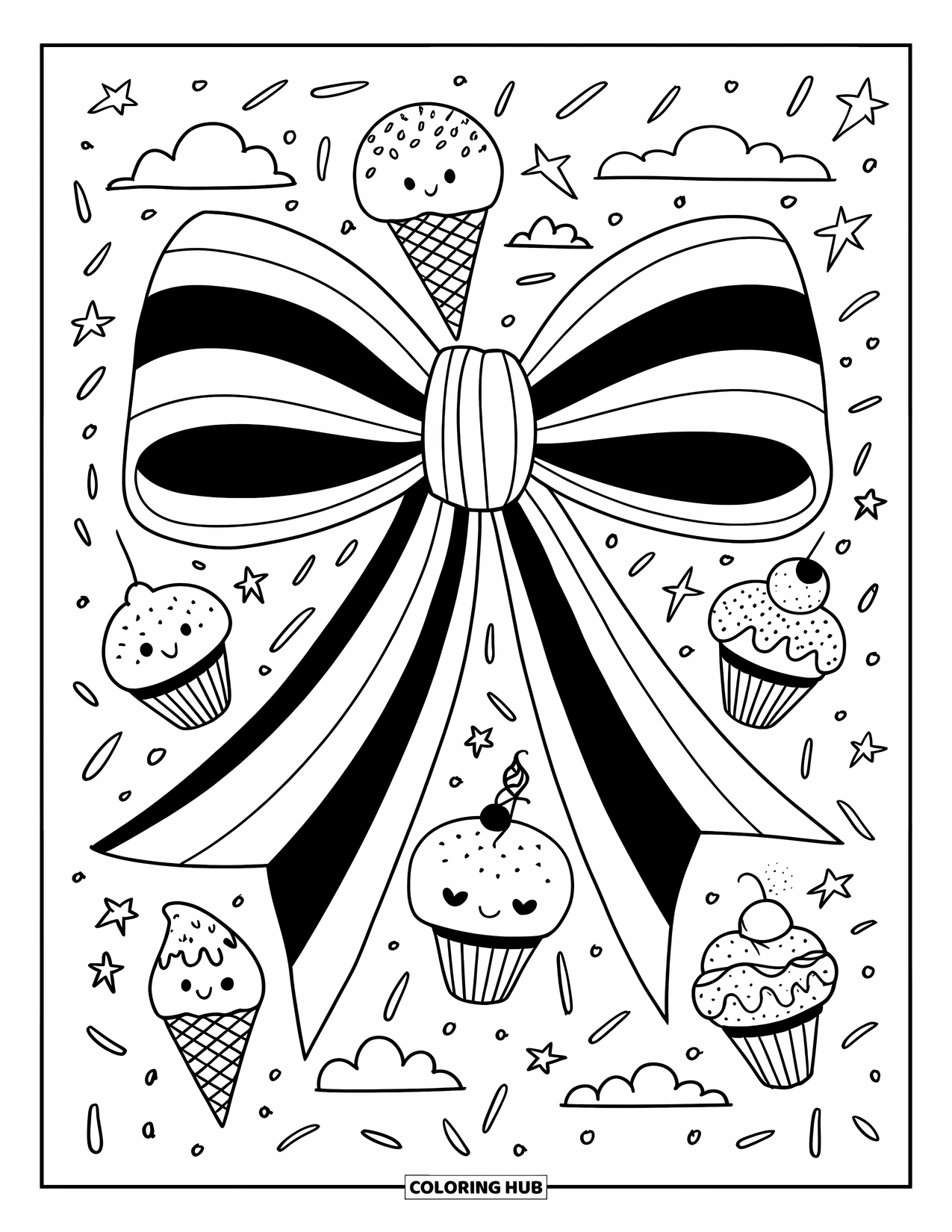 Kleurplaat Strik voor Volwassenen: Een grillige strik met vrolijke cupcakes en ijs, zwevend in een wereld van spikkels en wolken
