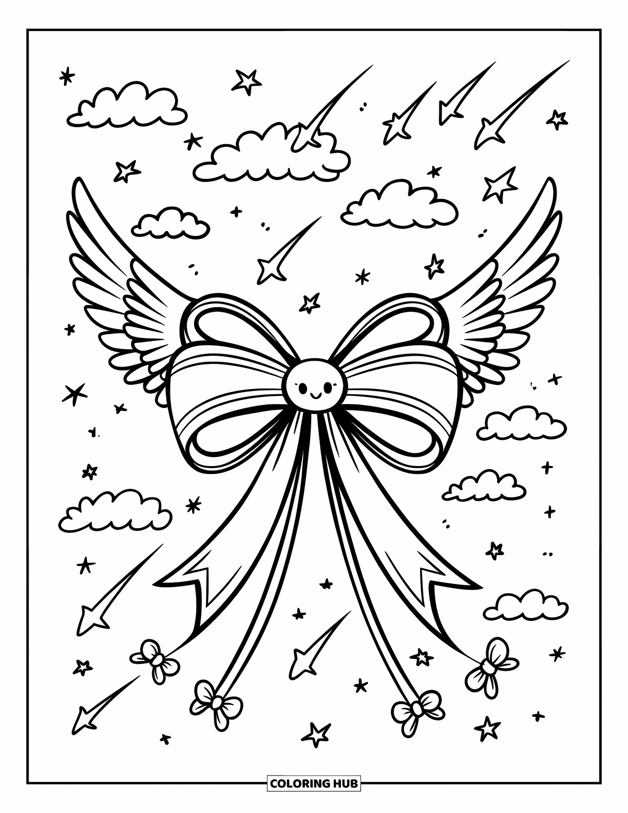Kleurplaat Strik voor Volwassenen: Een grillige gevleugelde strik met kleine bungelende strikken, rustend in een lucht vol sterren en wolken