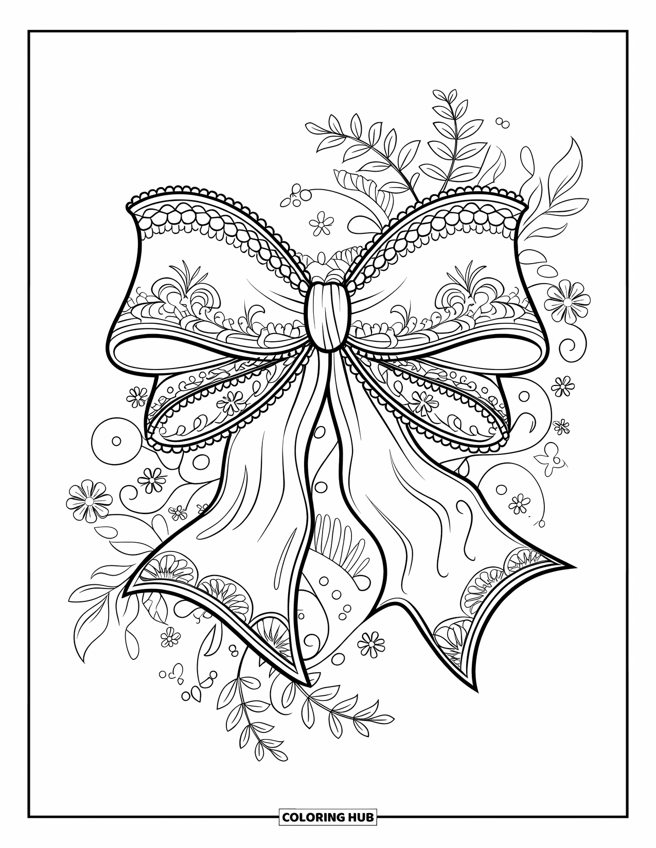 Kleurplaat Strik voor Volwassenen: Een elegante vintage strik met borduurwerk, geplaatst tussen bloemenpatronen en decoratieve elementen