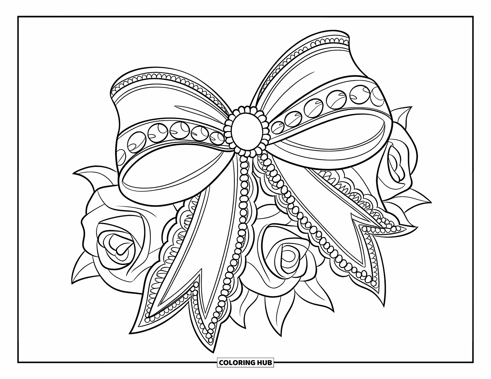 Kleurplaat Strik voor Kinderen: Een prachtig gedetailleerde strik met kant en parels, vastgebonden rond een boeket rozen