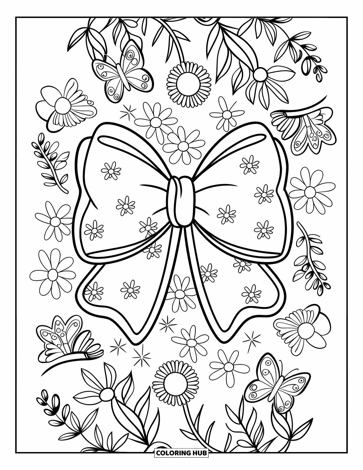 Kleurplaat Strik voor Kinderen: Een prachtig gedessineerde strik met bloemen en vlinders, perfect voor een creatief ontwerp