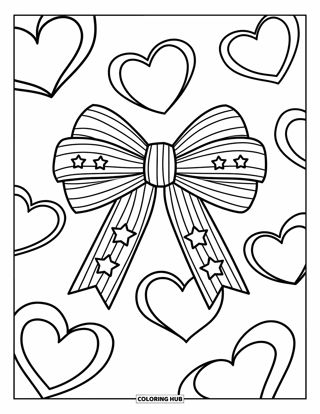 Kleurplaat Strik voor Kinderen: Een strik met strepen en sterren, omringd door grote harten in een charmant, speels ontwerp