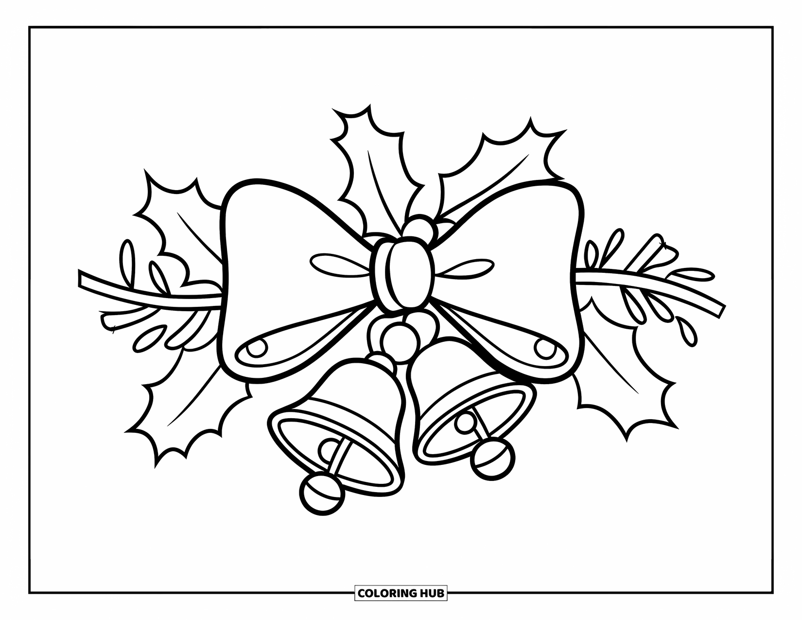 Kleurplaat Strik voor Kinderen: Een kerststrik met bellen en hulstbladeren, vastgebonden rond een feestelijke tak