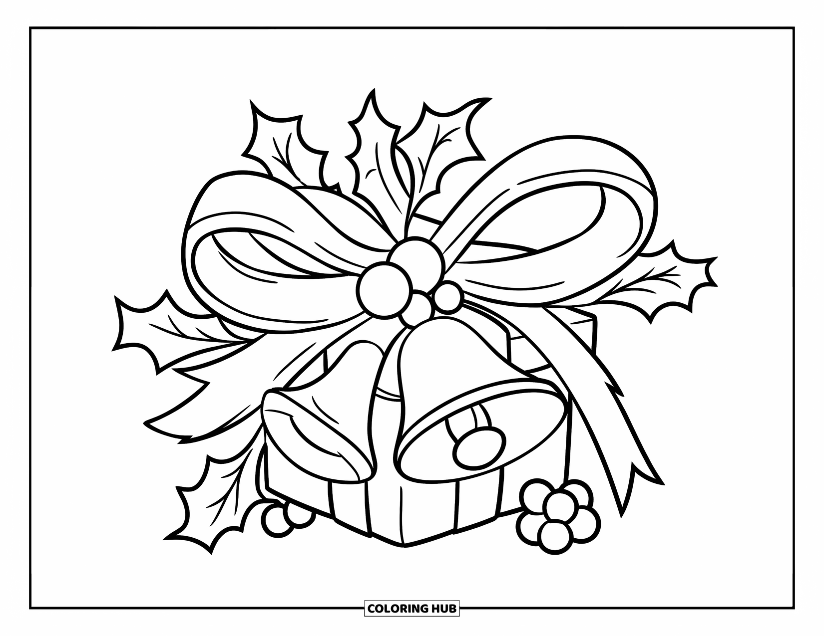 Kleurplaat Strik voor Kinderen: Een kerstthema strik met bellen en hulst, vastgebonden rond een prachtig ingepakt cadeau