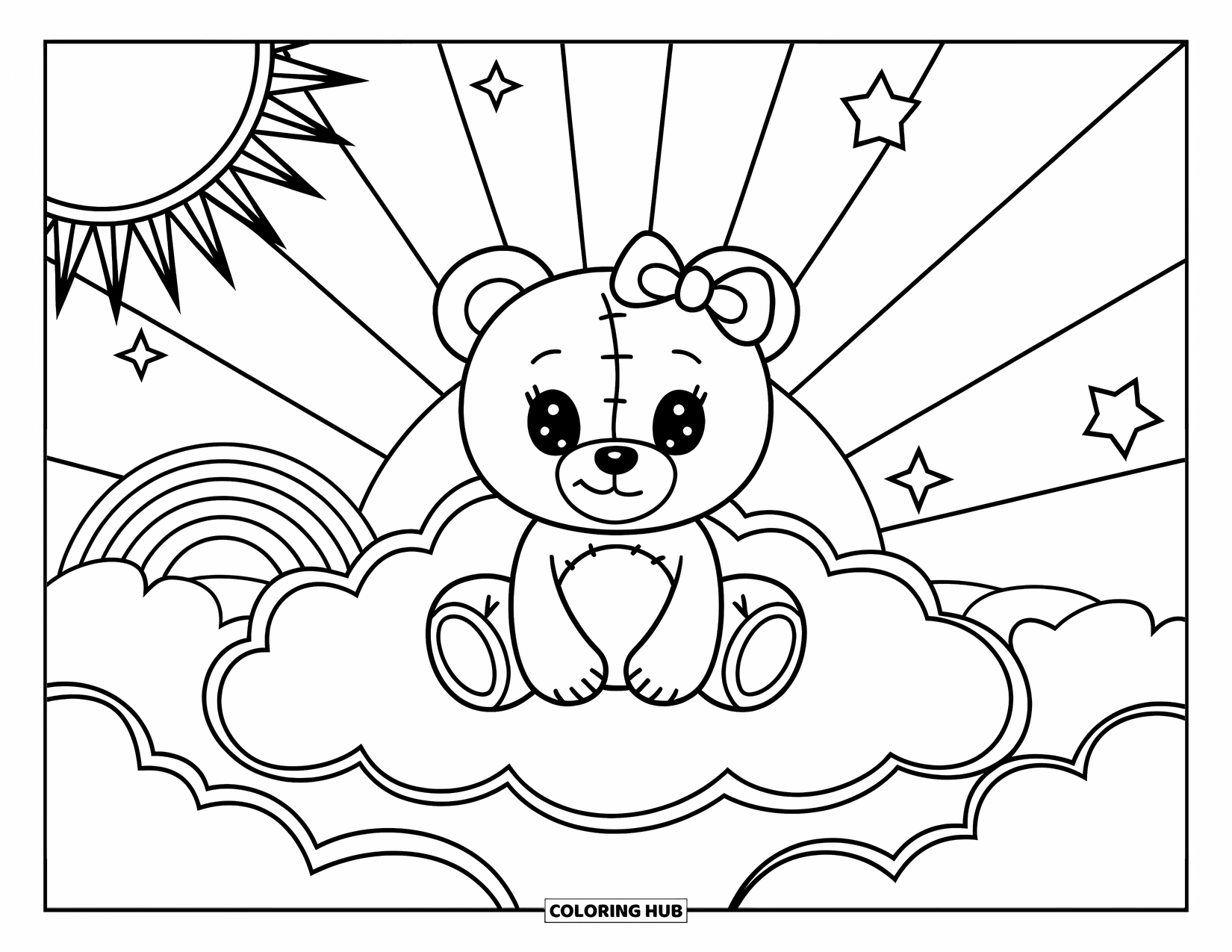 Kleurplaat Strik voor Kinderen: Een knuffelbare teddybeer met een strik, rustend op een zachte wolk met regenbogen en sterren