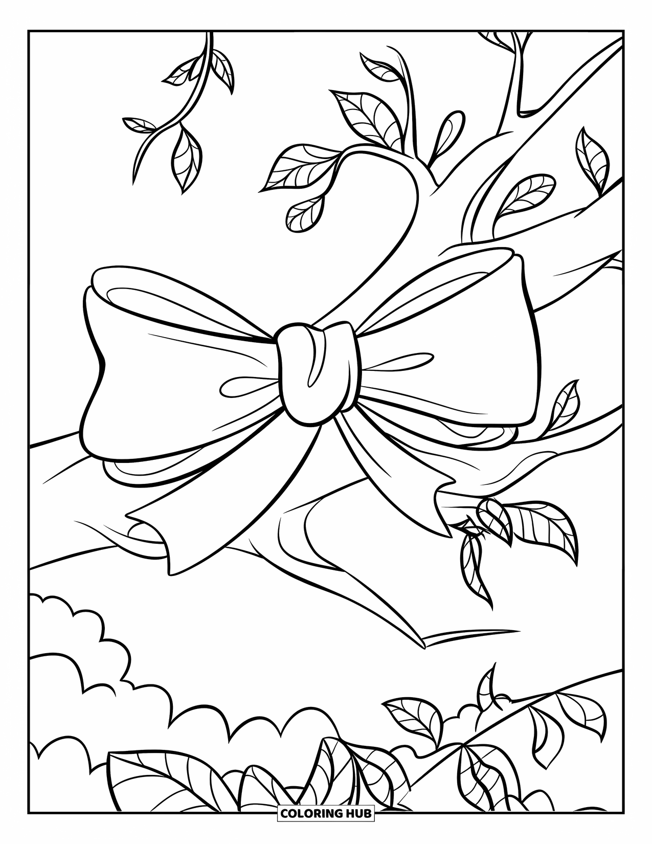 Kleurplaat Strik voor Kinderen: Een decoratieve strik op een boomtak, met bladeren en een vogel in de buurt