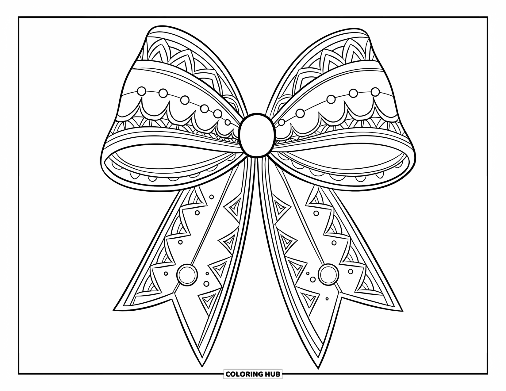 Kleurplaat Strik voor Kinderen: Een decoratieve strik met kantpatronen en parels, vastgebonden rond een delicaat lint